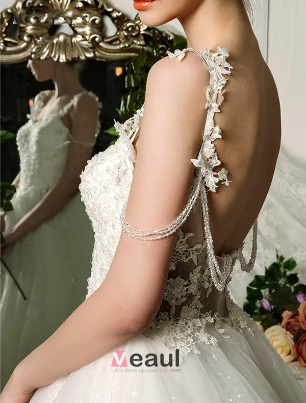 Elegante Spaghettibandjes Appliques Kant Organza Baljurk Trouwjurken