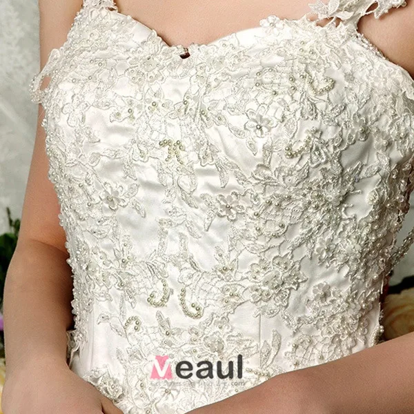 Elegante Spaghettibandjes Appliques Kant Organza Baljurk Trouwjurken