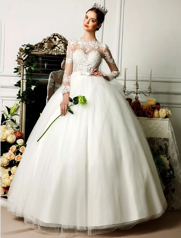 Boret Skuld 3 4 Ermer Appliques Snøre Blomster Satin Sash Organza Brudekjoler