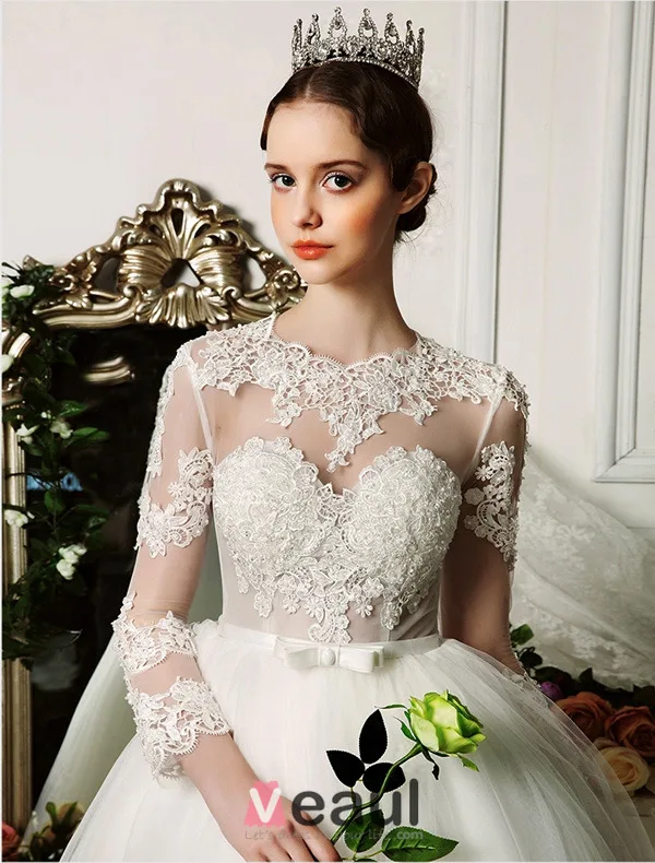 Épaules Percés Manches 3/4 Appliques De Dentelle Fleurs Robe De Mariée En Organza De Satin Ceinture