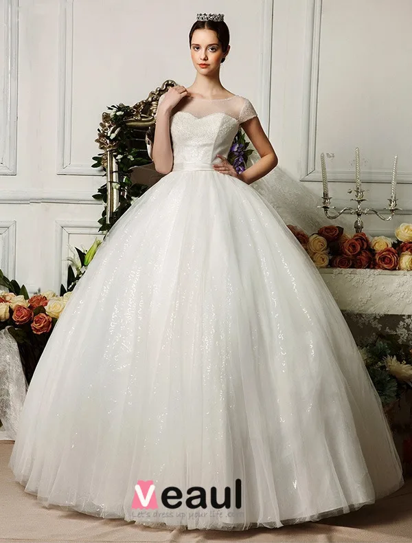 2015 Sweetheart Scoop Neck Beading Short Sleeves Floor-length Ball Gown Wedding Dress