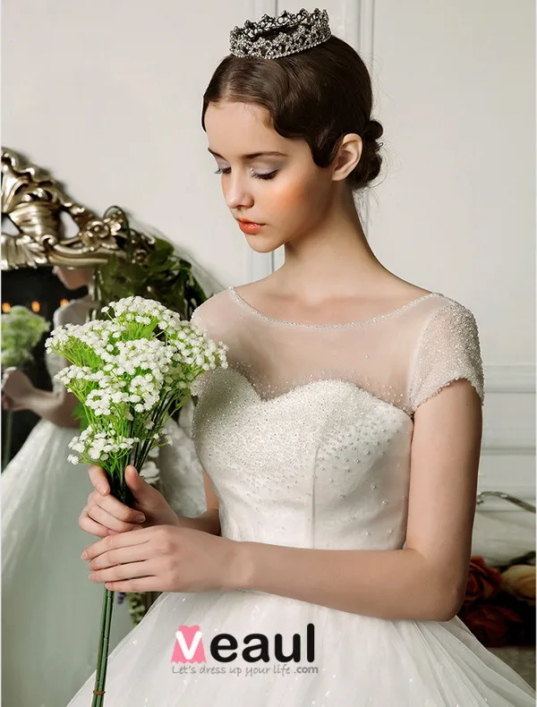 2015 Sweetheart Scoop Neck Beading Short Sleeves Floor-length Ball Gown Wedding Dress