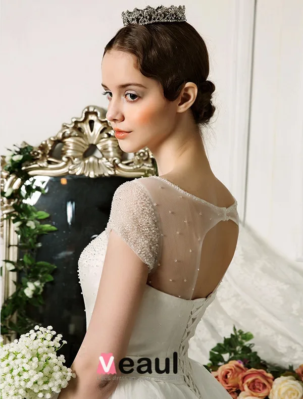 2015 Sweetheart Scoop Neck Beading Short Sleeves Floor-length Ball Gown Wedding Dress