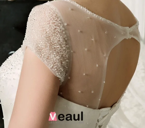 2015 Sweetheart Scoop Neck Beading Short Sleeves Floor-length Ball Gown Wedding Dress