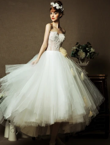 Manches Chérie Thé Longueur Robe De Mariée Robe De Bal En Organza