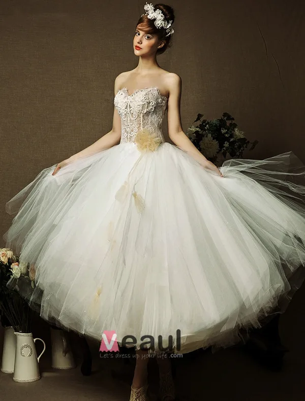 2015 Sweetheart Sleeveless Tea-length Organza Ball Gown Wedding Dress