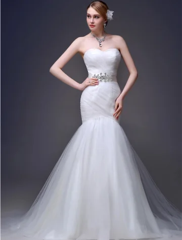 2015 Mermaid Sweetheart Ruffles Sash Tulle Sweep Train Wedding Dress