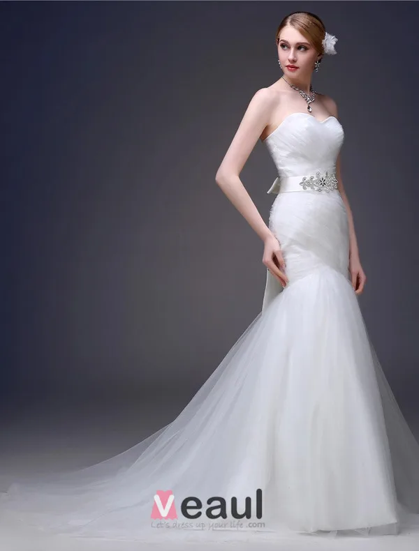 Volants Sirène Chérie Sash Robes De Mariée Balayage Train De Tulle