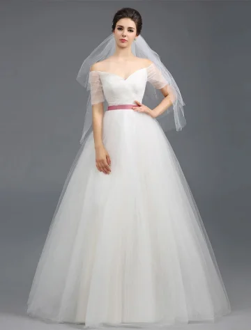 2015 A Line Off The Shoulders Short Sleeves Ruffle Tulle Wedding Dress