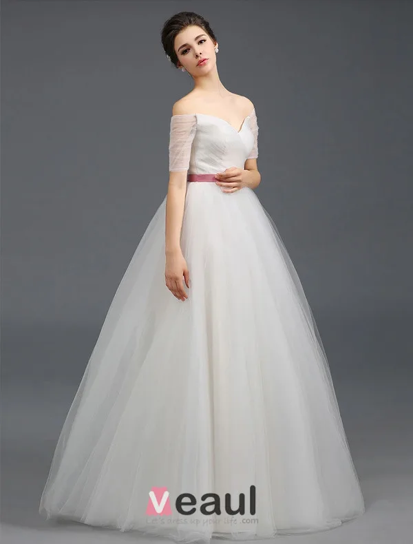 2015 A-line Off The Shoulders Short Sleeves Ruffle Tulle Wedding Dress