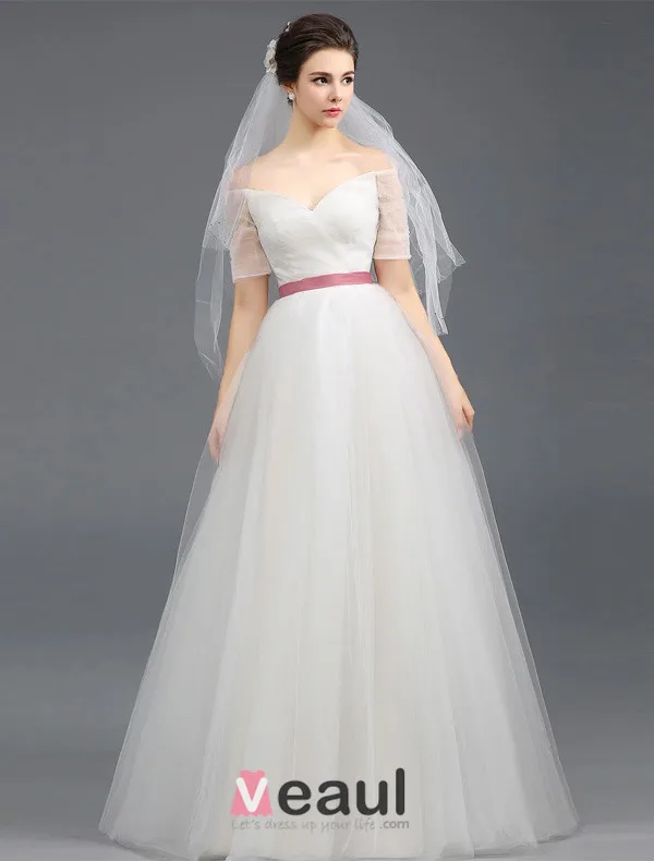 2015 A-line Off The Shoulders Short Sleeves Ruffle Tulle Wedding Dress