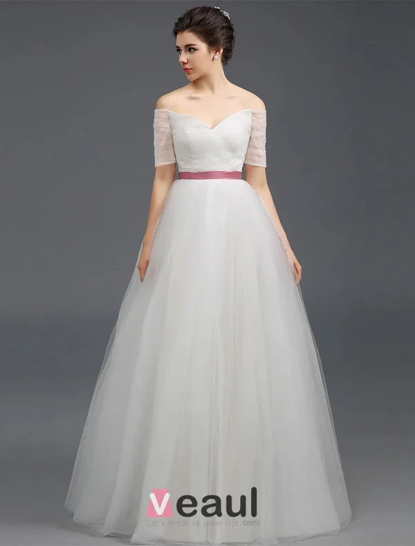 2015 A-line Off The Shoulders Short Sleeves Ruffle Tulle Wedding Dress