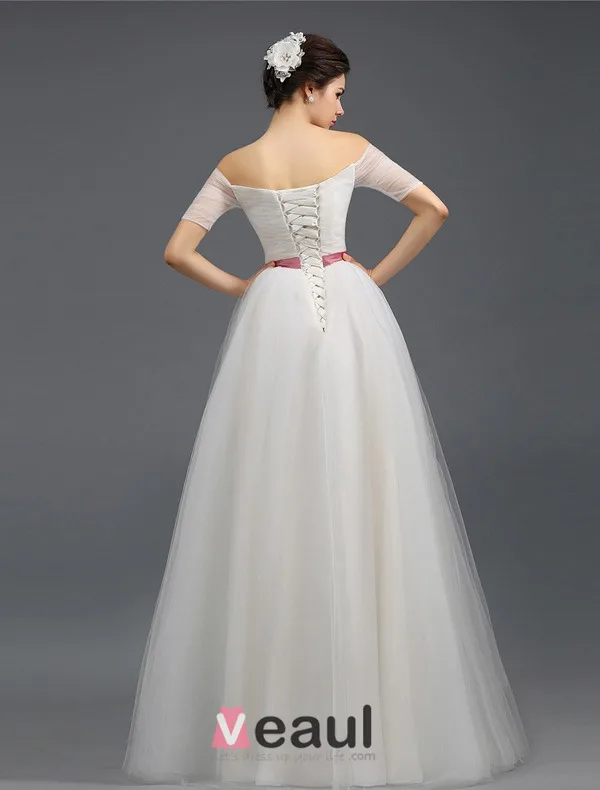 2015 A-line Off The Shoulders Short Sleeves Ruffle Tulle Wedding Dress
