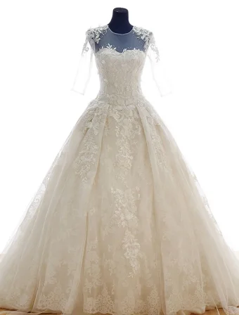 Blomst Serie Skuldre Scoop Hals Appliques Snøre Royal Tog Brudekjole