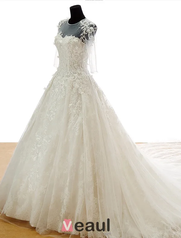 2015 Schultern U-ausschnitt Appliques-spitze Konigliche Brautkleider