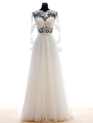 Fleur Série Une Ligne Appliques Manches Longues Percées Dentelle Robe De Mariée En Organza Perles De Ceinture De Perles