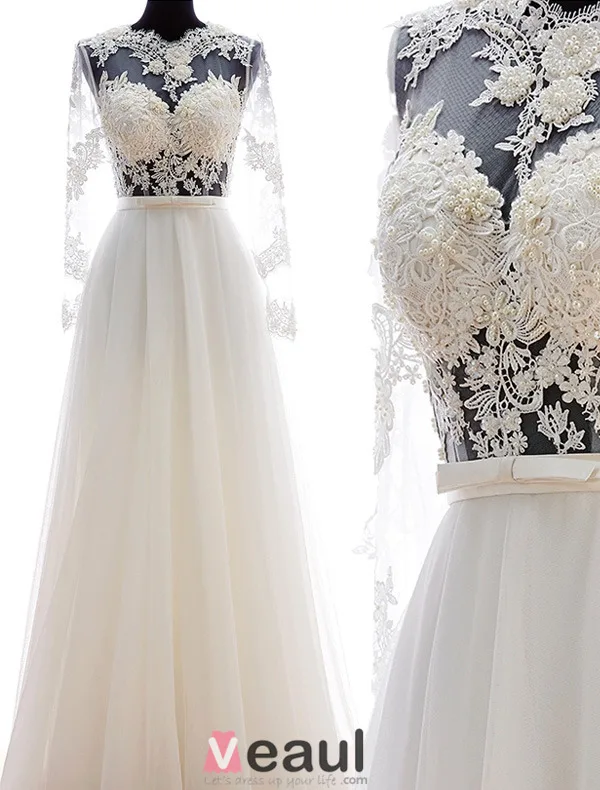 2015 Flower Serie A-line Long Sleeves Pierced Appliques Lace Beading Pearl Sash Organza Wedding Dress