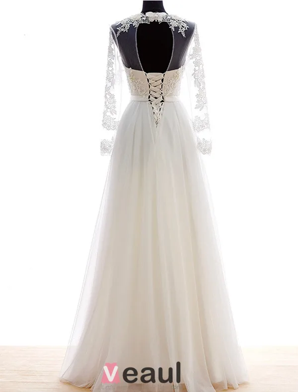 2015 Flower Serie A-line Long Sleeves Pierced Appliques Lace Beading Pearl Sash Organza Wedding Dress