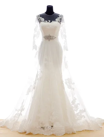 2015 Dream Serie Mermaid Shoulders Scoop Neck 3 4 Sleeves Wedding Dress