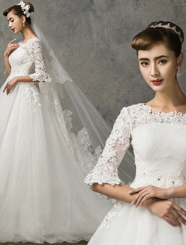 2015 A-line Princess Shoulders 1/2 Sleeves Embroidered Wedding Dress