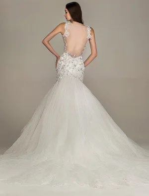 Mermaid Axlar V Ringad Beading Backless Spets Bröllopsklänningar