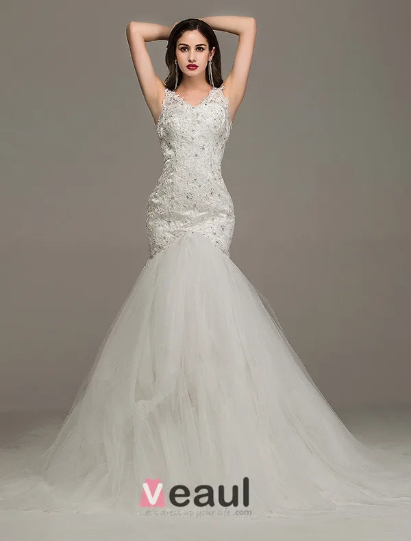 2015 Mermaid Shoulders V-neck Beading Backless Lace Wedding Dress