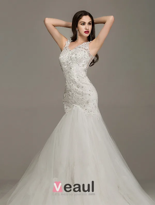2015 Mermaid Shoulders V-neck Beading Backless Lace Wedding Dress