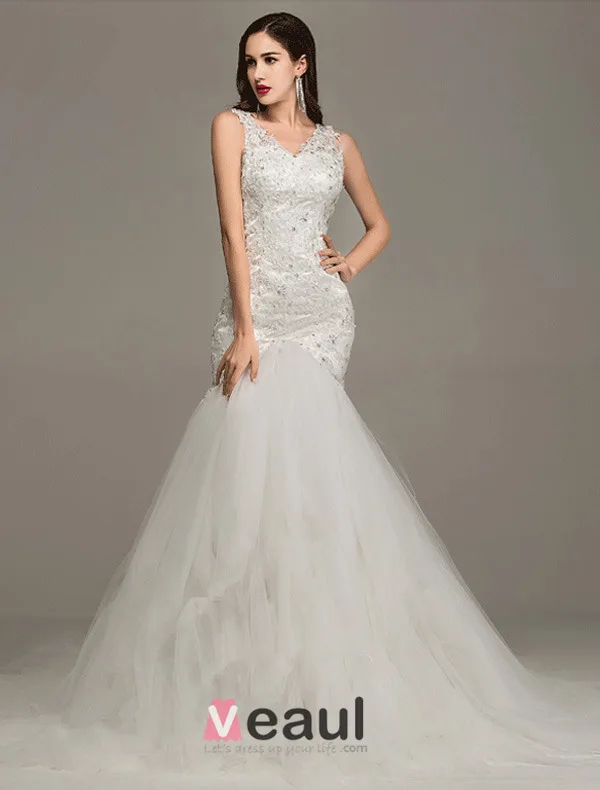 2015 Mermaid Shoulders V-neck Beading Backless Lace Wedding Dress