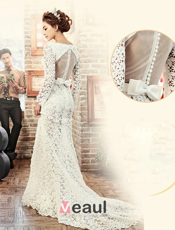 Sirène Élégante Robe De Mariage Carré Fleurs Décolleté Dos Nu En Dentelle À Manches