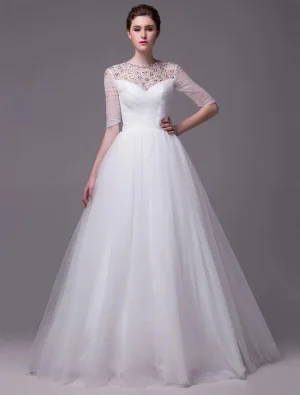 A Ligne De Perles Décolleté Décolleté 1 2 Manches Robe De Mariée En Organza Volants
