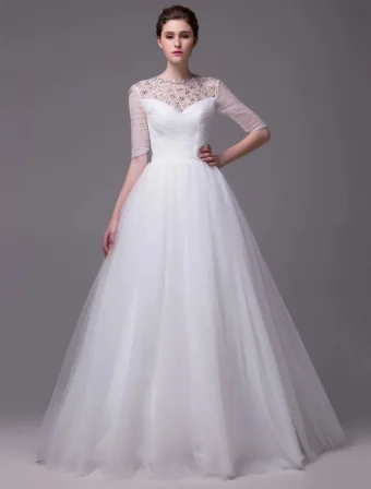 2015 A Line Beading Neckline Scoop Neck 1 2 Sleeves Ruffles Organza Wedding Dress