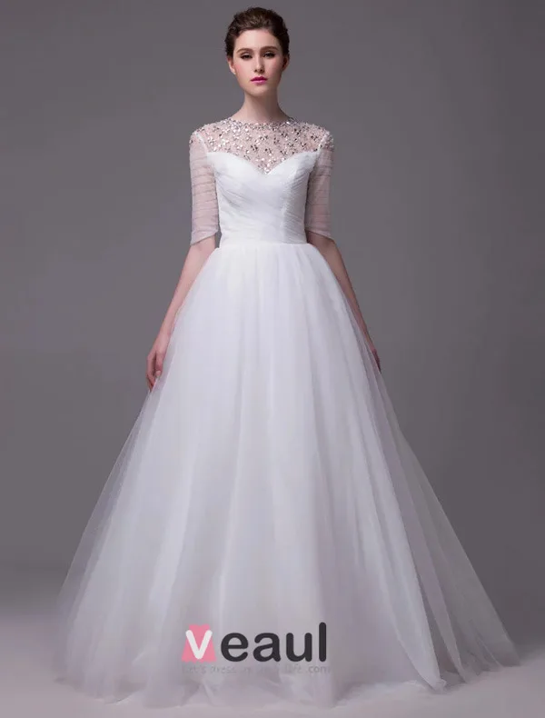 2015 A-line Beading Neckline Scoop Neck 1/2 Sleeves Ruffles Organza Wedding Dress