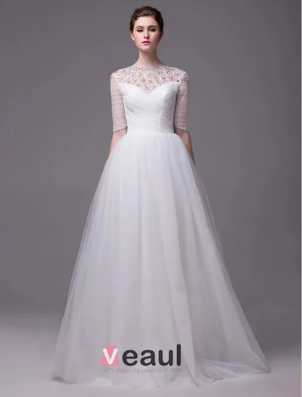 2015 A-line Beading Neckline Scoop Neck 1/2 Sleeves Ruffles Organza Wedding Dress