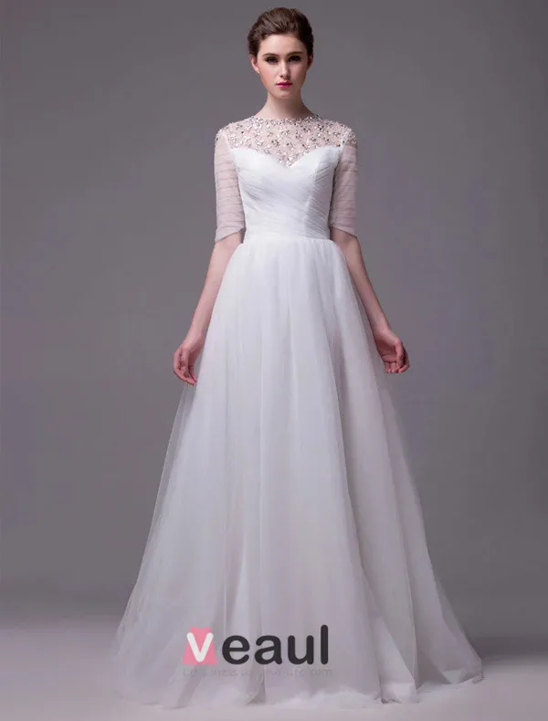 2015 A-line Beading Neckline Scoop Neck 1/2 Sleeves Ruffles Organza Wedding Dress