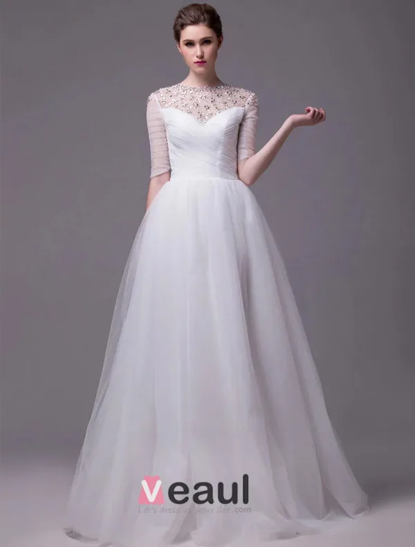 2015 A-line Beading Neckline Scoop Neck 1/2 Sleeves Ruffles Organza Wedding Dress