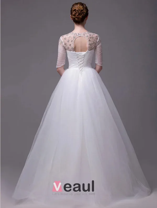 2015 A-line Beading Neckline Scoop Neck 1/2 Sleeves Ruffles Organza Wedding Dress