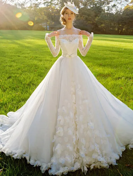 2015 A-line Square Neckline Long Sleeves Sash Bow And Long Tailing Organza Wedding Dress