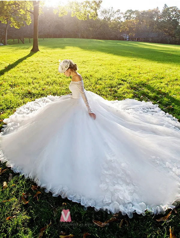 2015 A-line Square Neckline Long Sleeves Sash Bow And Long Tailing Organza Wedding Dress