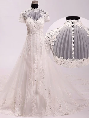 Vintage Palais Une Ligne Haute Cou Appliques De Perles Dentelle Robe De Mariée