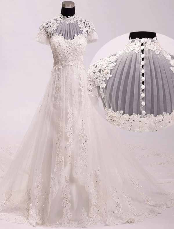 Vintage Palais Une Ligne Haute Cou Appliques De Perles Dentelle Robe De Mariée