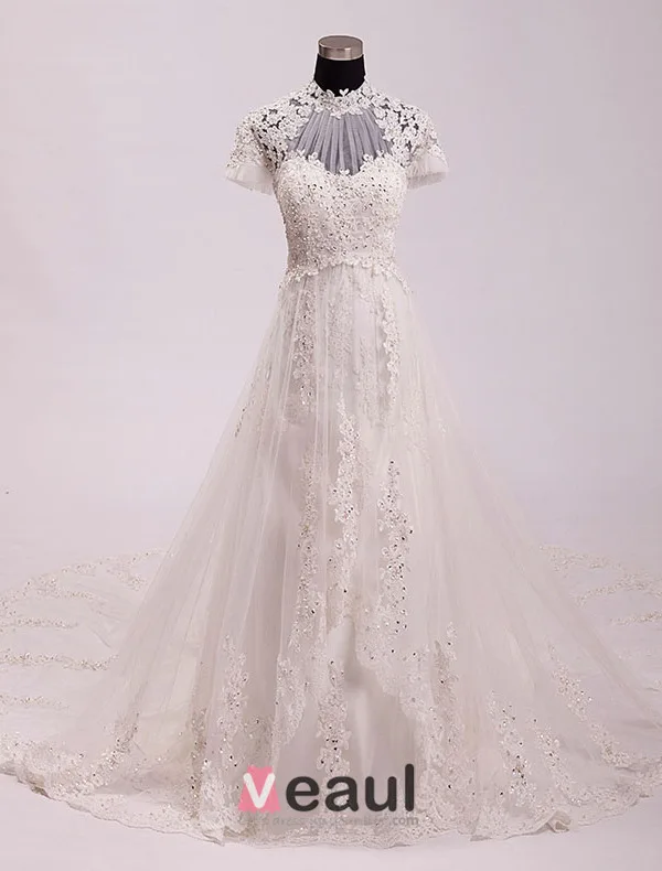 Vintage Palais Une Ligne Haute Cou Appliques De Perles Dentelle Robe De Mariée