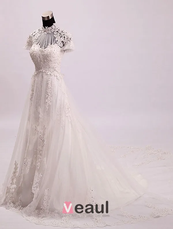Vintage Palais Une Ligne Haute Cou Appliques De Perles Dentelle Robe De Mariée