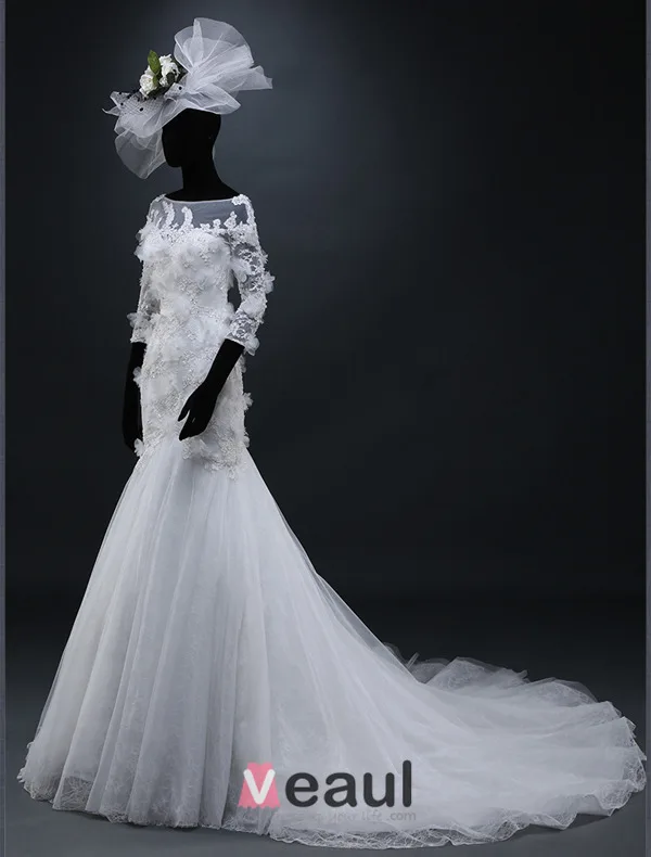 Sirène Encolure Carré Appliques De Dentelle Beadding Fleurs Robe De Mariée En Organza