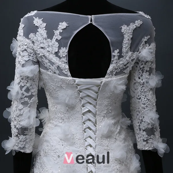 Sirène Encolure Carré Appliques De Dentelle Beadding Fleurs Robe De Mariée En Organza