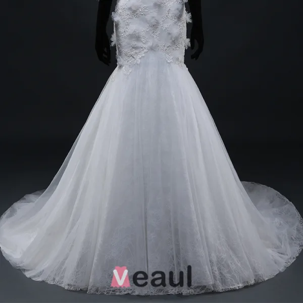 Sirène Encolure Carré Appliques De Dentelle Beadding Fleurs Robe De Mariée En Organza