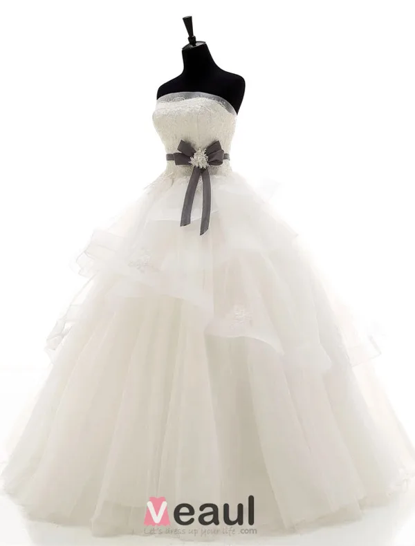 2015 Ball Gown Strapless Handmade Beading Floor-length Wedding Dress