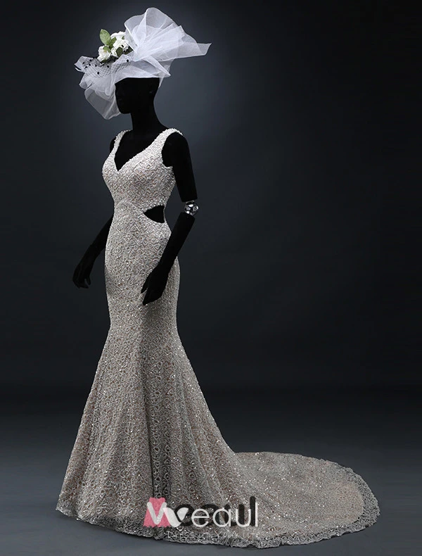 2015 Glamorous Mermaid Shoulders Deep V Neck Backless Lace Wedding Dress