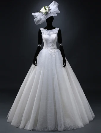 2015 Ball Gown Shoulders Appliques Lace Beading Flowers Wedding Dress