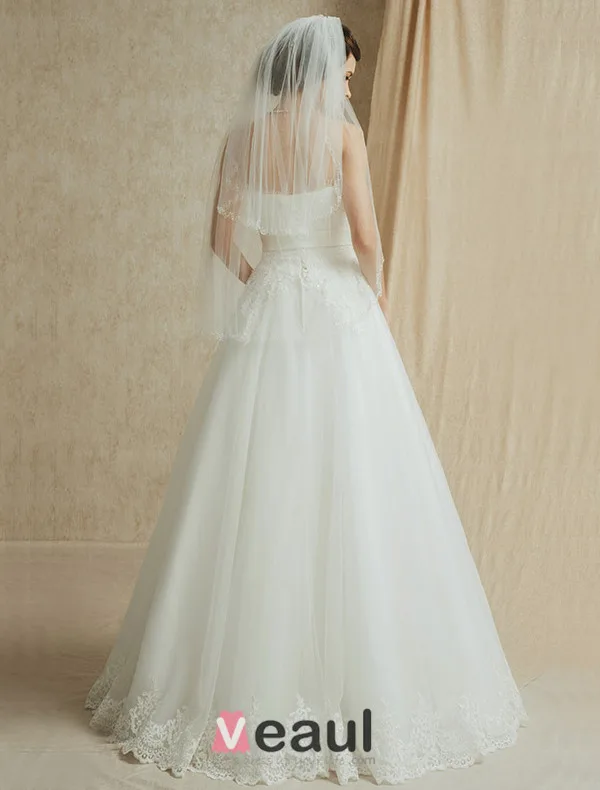 A-lijn Strapless Appliques Kant Bloem Sjerp Trouwjurken