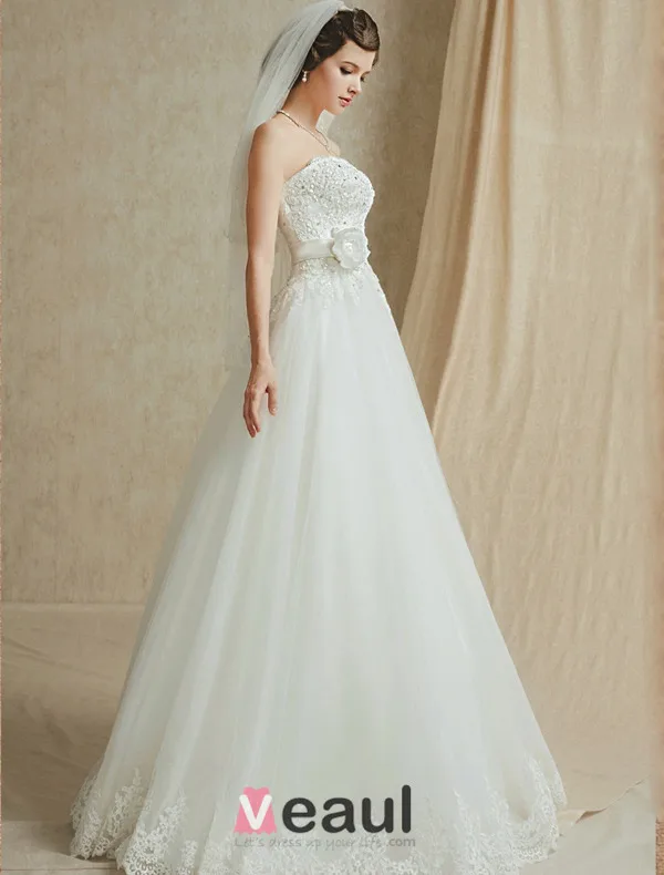A-lijn Strapless Appliques Kant Bloem Sjerp Trouwjurken